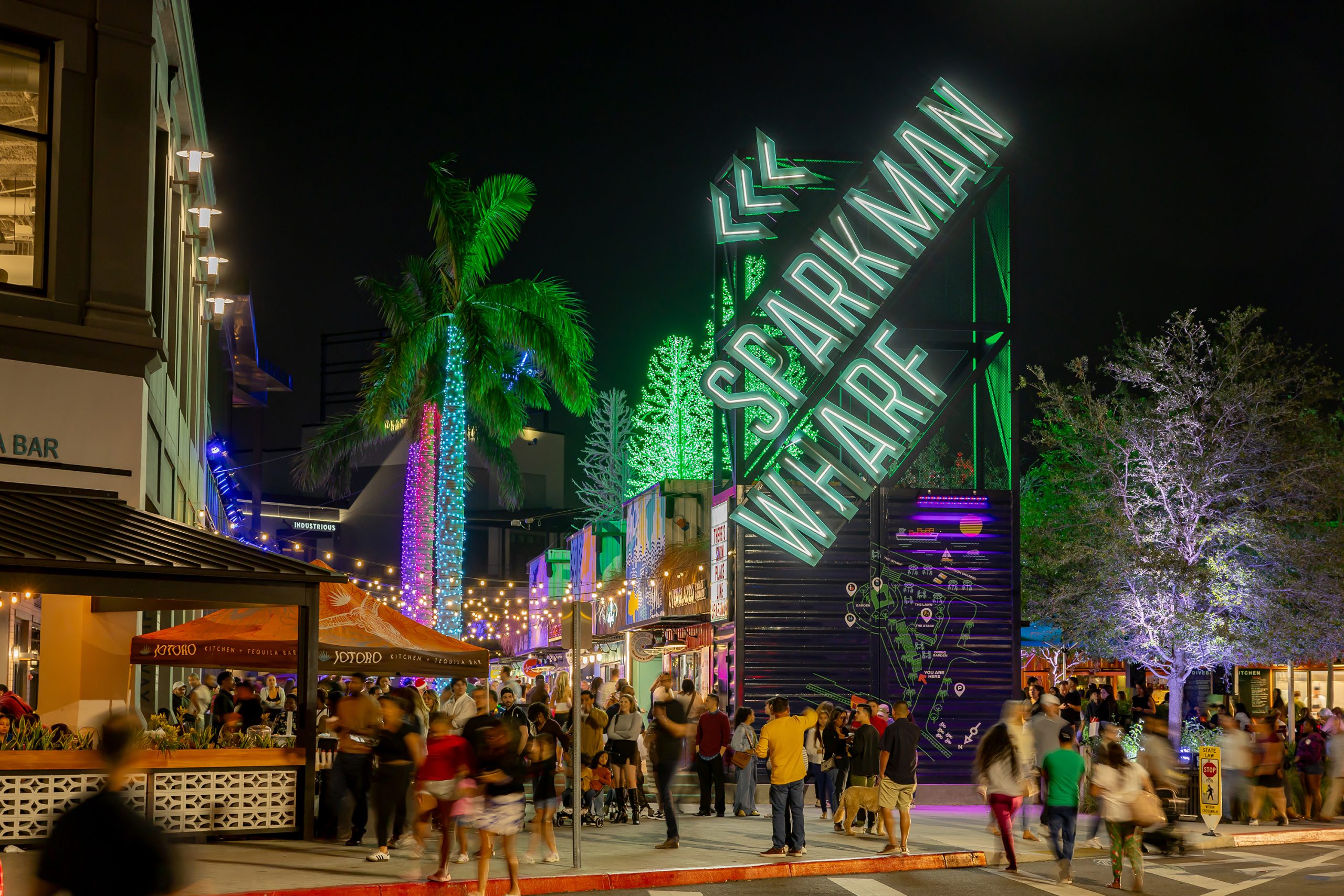 The entrance of Sparkman Wharf decked out for the holidays in the Water Street Tampa neighborhood